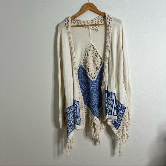 Kaisely Knit Cardigan Fringe Open Front Ivory Blue Pattern Long Sleeve Size S - Picture 2 of 9